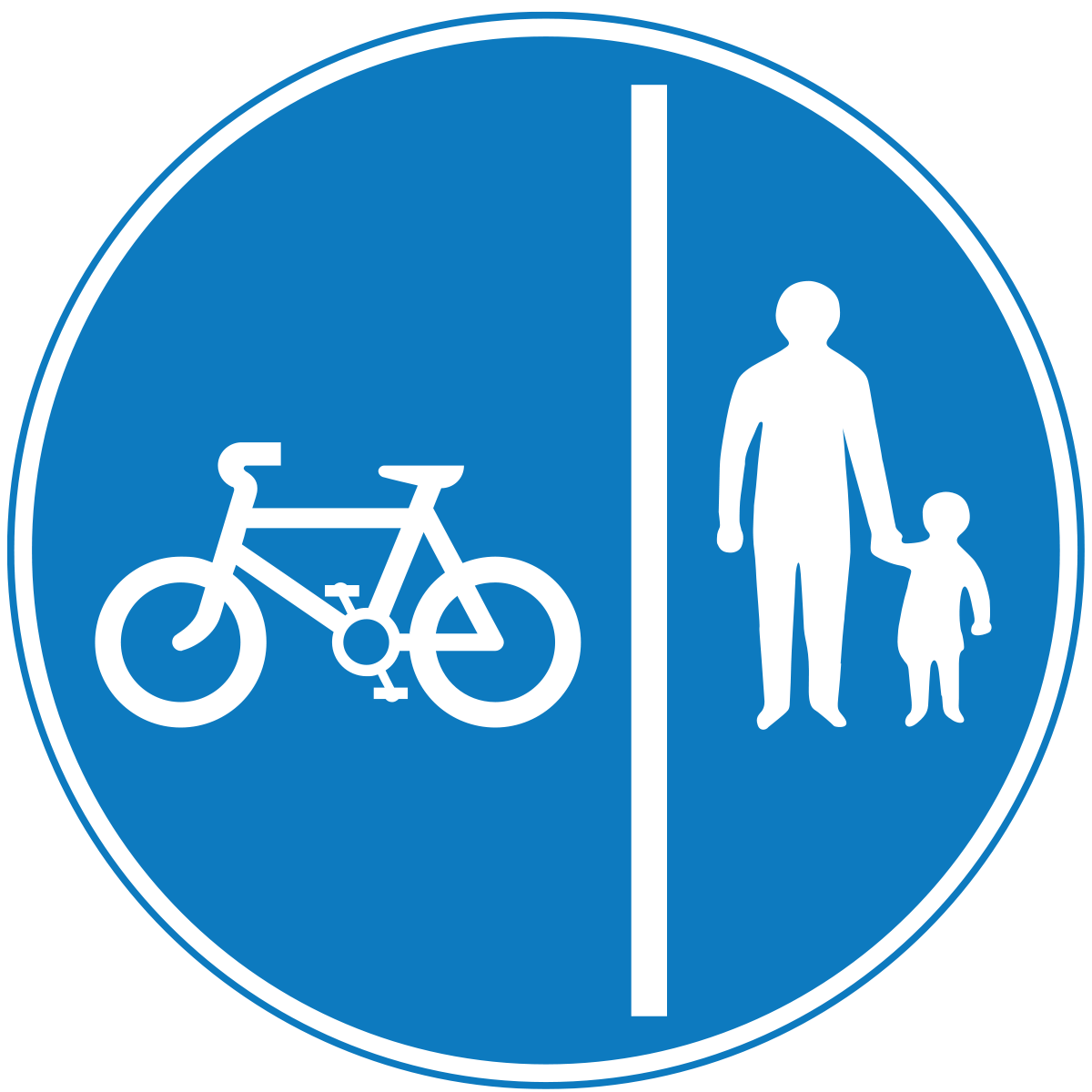 Segregated route for pedal cycles and pedestrians (Cycles on left; pedestrians on right). Symbol may be reversed.